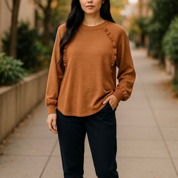 Anthropologie Pilcro Orange Diana Ruffle Slub Cotton Pullover - Picture 1 of 9